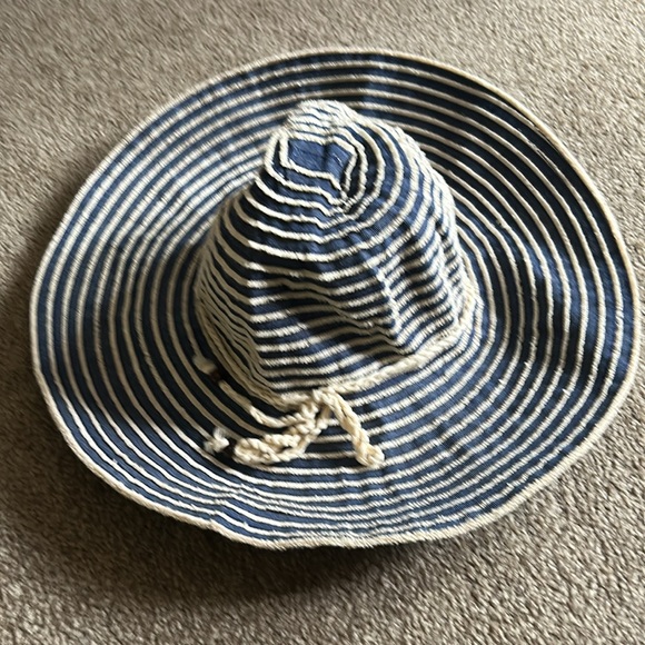 Woman’s Denim Blue Striped Beach Hat with braided cord trim - Picture 2 of 4